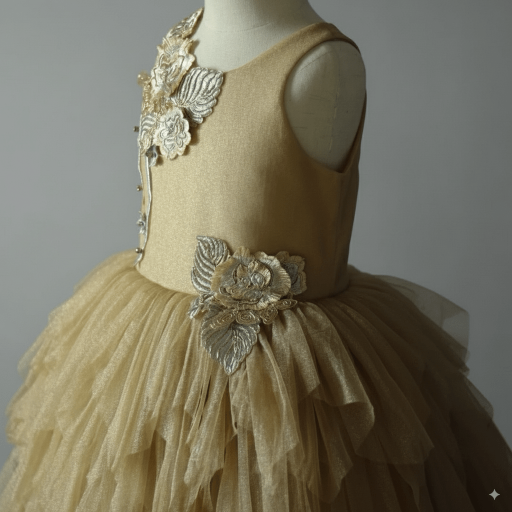 Golden Tulle Flower Girl Dress with 3D Floral Appliqué – Special Occasion Flower Girl Dress with Cape Plus Size - WonderlandByLilian