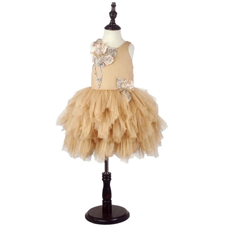 Golden Tulle Flower Girl Dress with 3D Floral Appliqué – Special Occasion Flower Girl Dress with Cape Plus Size - WonderlandByLilian