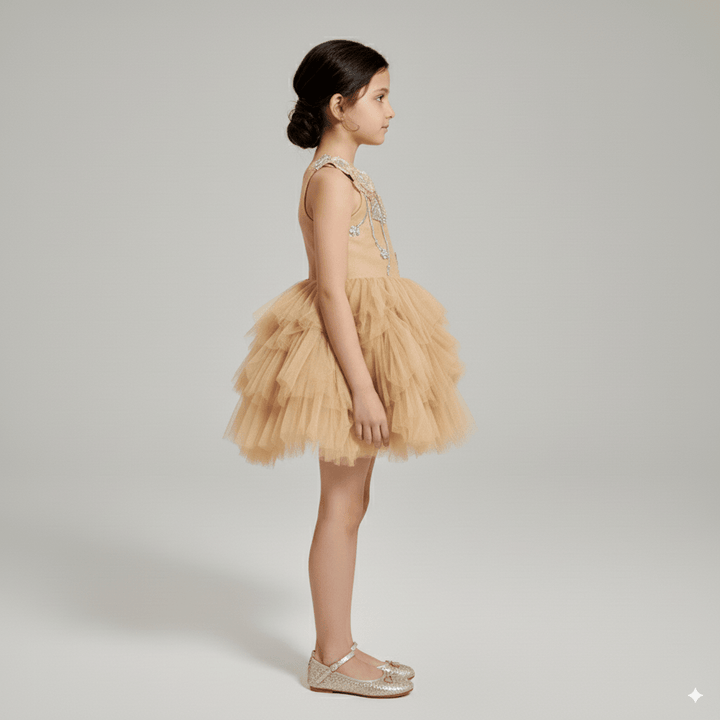 Golden Tulle Flower Girl Dress with 3D Floral Appliqué – Special Occasion Flower Girl Dress with Cape Plus Size - WonderlandByLilian