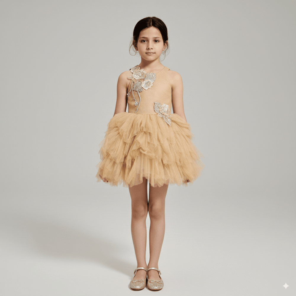 Golden Tulle Flower Girl Dress with 3D Floral Appliqué – Special Occasion Flower Girl Dress with Cape Plus Size - WonderlandByLilian