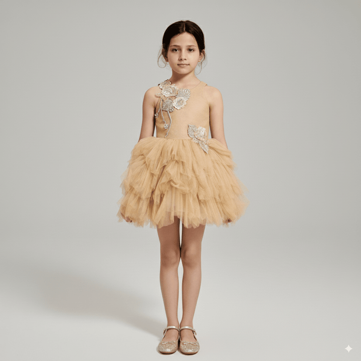 Golden Tulle Flower Girl Dress with 3D Floral Appliqué – Special Occasion Flower Girl Dress with Cape Plus Size - WonderlandByLilian