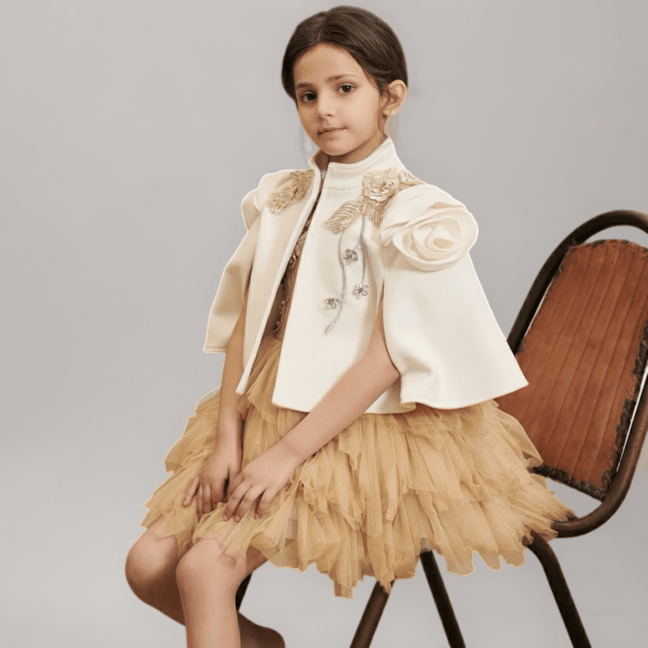 Golden Tulle Flower Girl Dress with 3D Floral Appliqué – Special Occasion Flower Girl Dress with Cape Plus Size - WonderlandByLilian