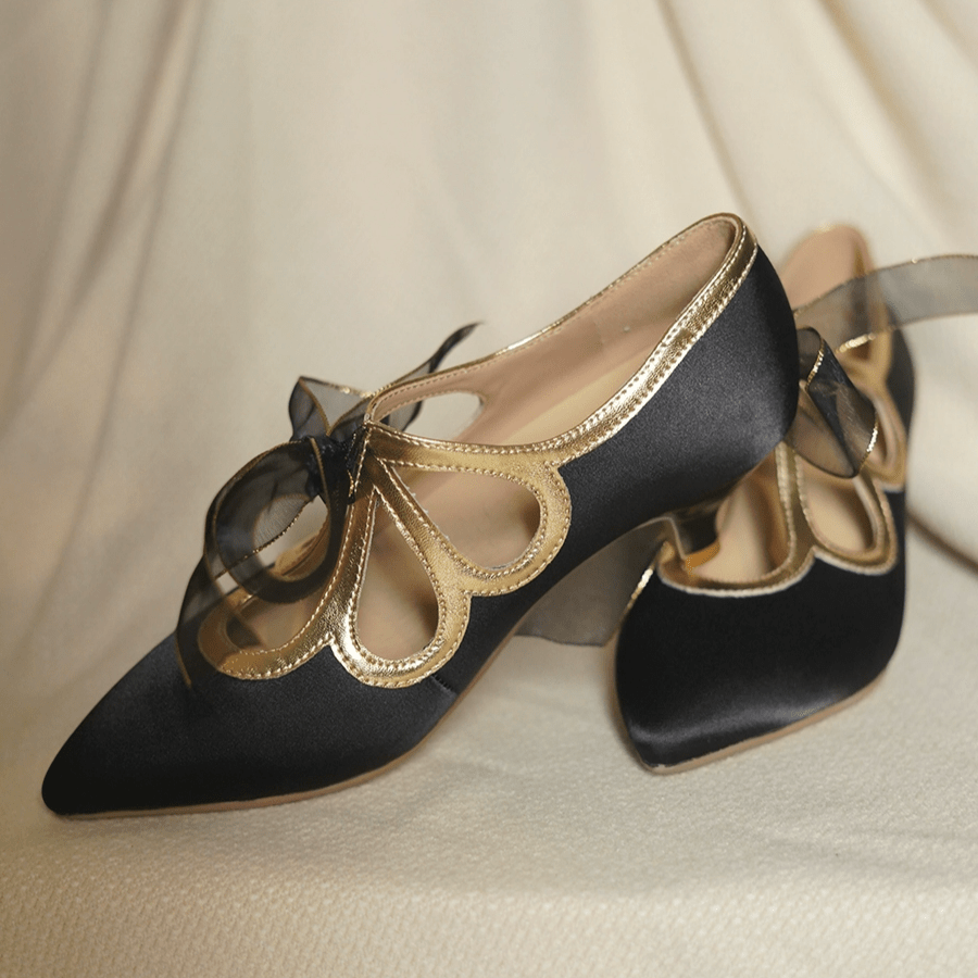 "Golden Twilight" – Handmade Satin Bowknot High Heels - WonderlandByLilian