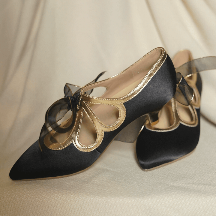 "Golden Twilight" – Handmade Satin Bowknot High Heels - WonderlandByLilian