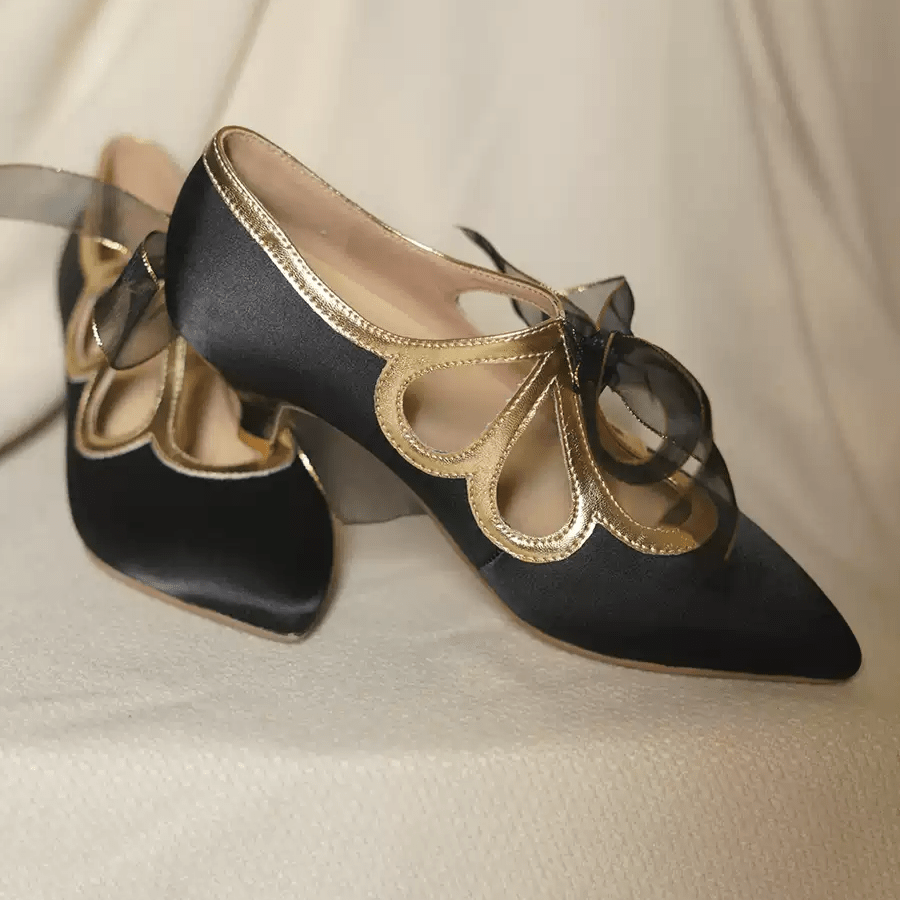 "Golden Twilight" – Handmade Satin Bowknot High Heels - WonderlandByLilian