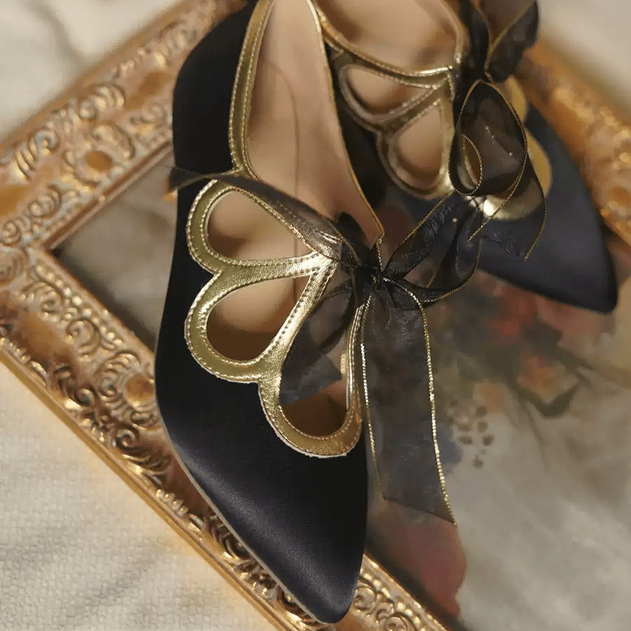 "Golden Twilight" – Handmade Satin Bowknot High Heels - WonderlandByLilian