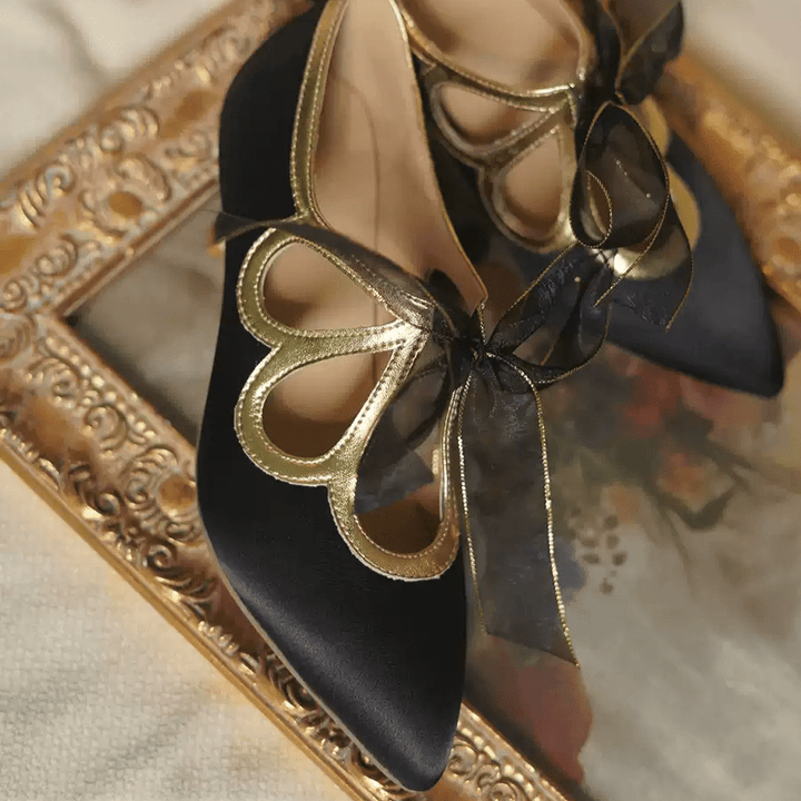"Golden Twilight" – Handmade Satin Bowknot High Heels - WonderlandByLilian
