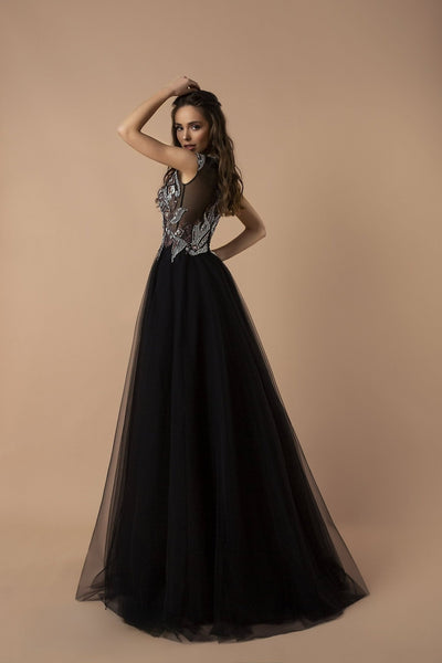 Gothic Beadwork A-Line Black Evenning Dress - Embellished Tulle Evening Gown Plus Size - WonderlandByLilian