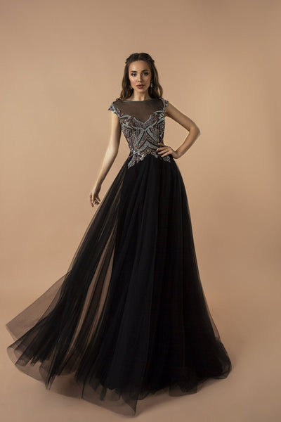 Gothic Beadwork A-Line Black Evenning Dress - Embellished Tulle Evening Gown Plus Size - WonderlandByLilian