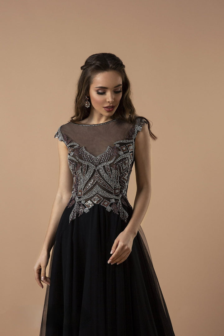 Gothic Beadwork A-Line Black Evenning Dress - Embellished Tulle Evening Gown Plus Size - WonderlandByLilian