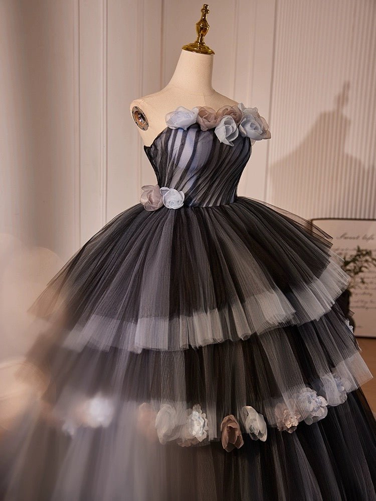 Gothic Black and Grey Wedding Dress - Layered Tulle Party Dress with Floral Embellishments Plus Size - WonderlandByLilian