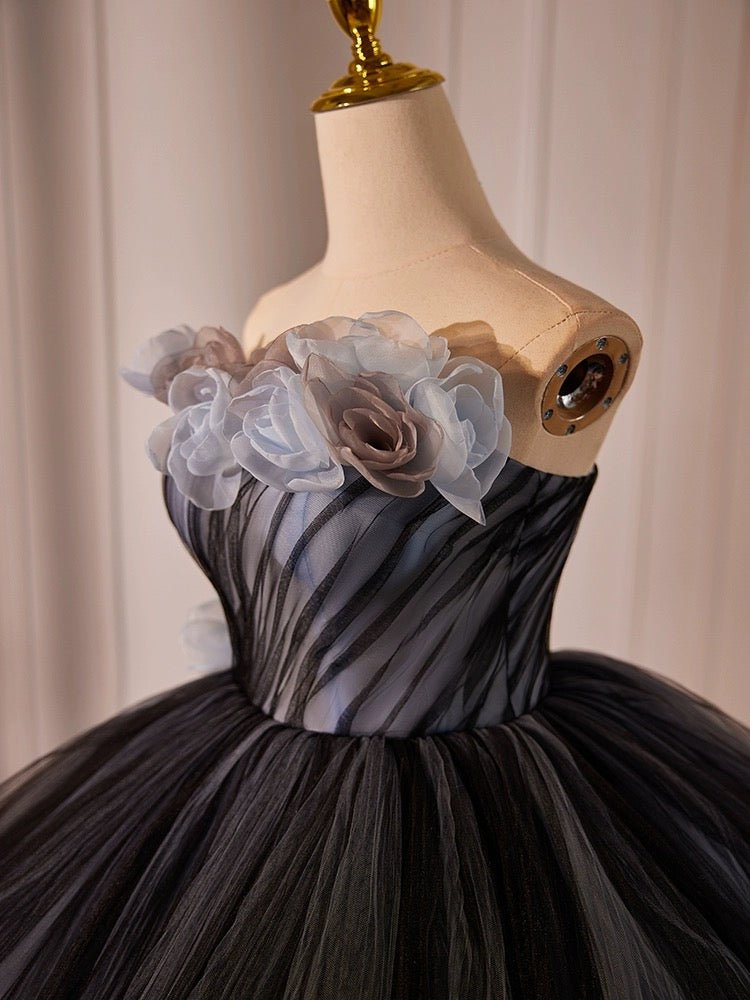 Gothic Black and Grey Wedding Dress - Layered Tulle Party Dress with Floral Embellishments Plus Size Size 12 / Gray Gothic Black and Grey Wedding Dress - Layered Tulle Party Dress with Floral Embellishments Plus Size Size 12 / Gray
