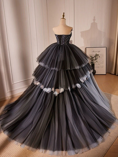 Gothic Black and Grey Wedding Dress - Layered Tulle Party Dress with Floral Embellishments Plus Size - WonderlandByLilian