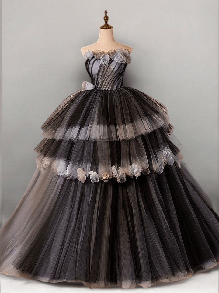 Gothic Black and Grey Wedding Dress - Layered Tulle Party Dress with Floral Embellishments Plus Size - WonderlandByLilian