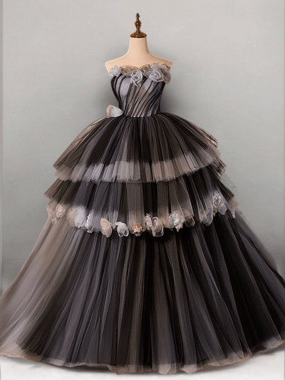 Gothic Black and Grey Wedding Dress - Layered Tulle Party Dress with Floral Embellishments Plus Size - WonderlandByLilian