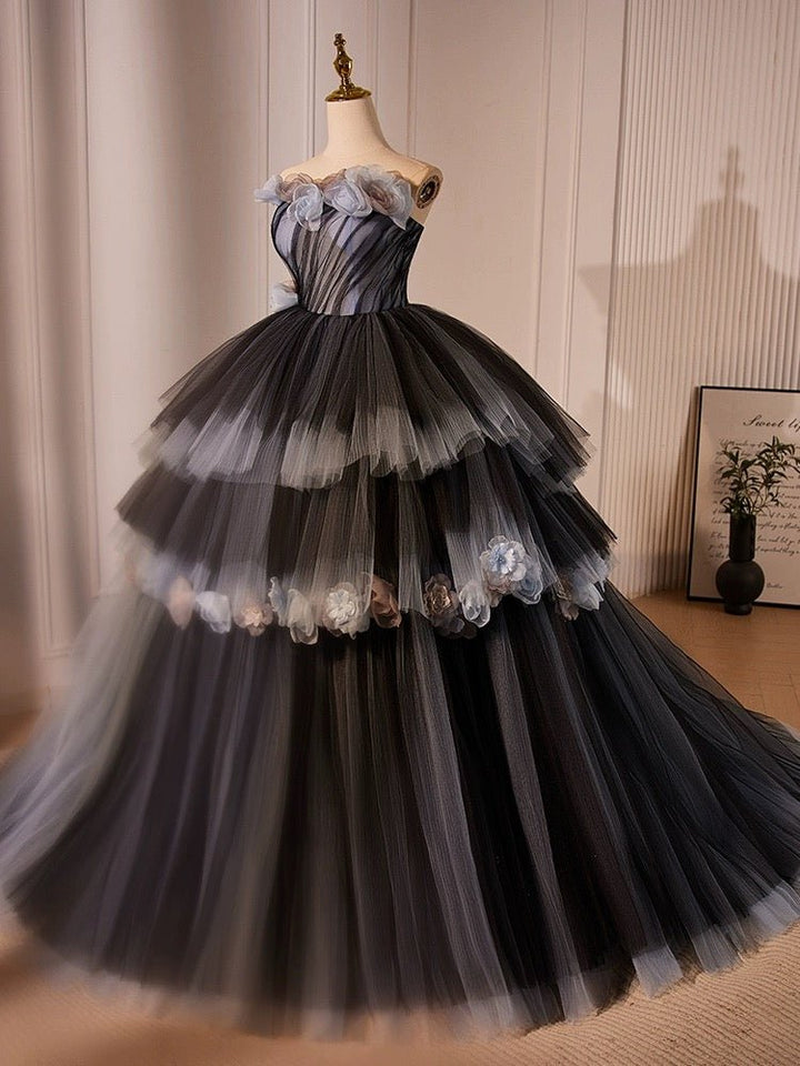 Gothic Black and Grey Wedding Dress - Layered Tulle Party Dress with Floral Embellishments Plus Size - WonderlandByLilian