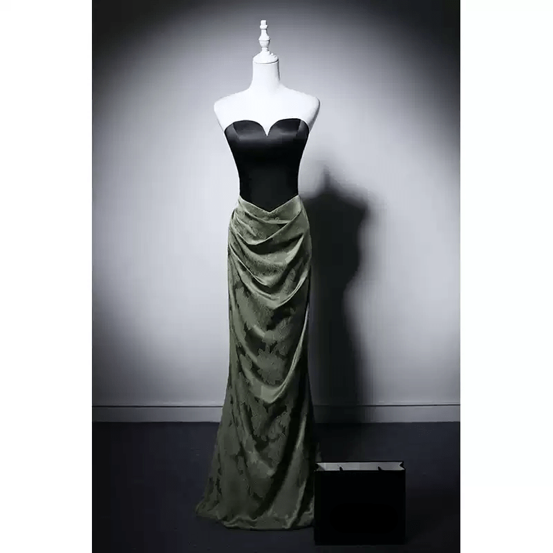 Gothic Black and Olive Green Mermaid Evening Gown - Green Evening Gown with Draped Skirt Plus Size - WonderlandByLilian