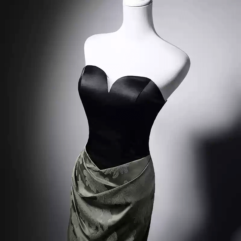 Gothic Black and Olive Green Mermaid Evening Gown - Green Evening Gown with Draped Skirt Plus Size - WonderlandByLilian