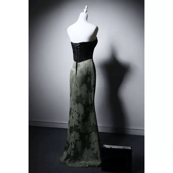 Gothic Black and Olive Green Mermaid Evening Gown - Green Evening Gown with Draped Skirt Plus Size - WonderlandByLilian