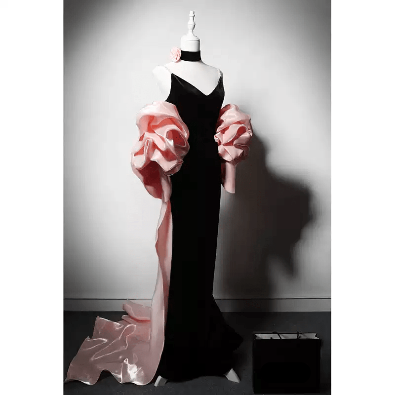 Gothic Black and Pink Velvet Evening Dress with V-Neck - Mermaid Dress WonderlandByLilian Gothic Black and Pink Velvet Evening Dress with V-Neck - Mermaid Dress WonderlandByLilian