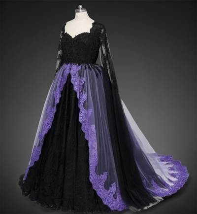 Gothic Black and Purple Lace Ball Gown Wedding Dress with Keyhole Back Plus Size - WonderlandByLilian