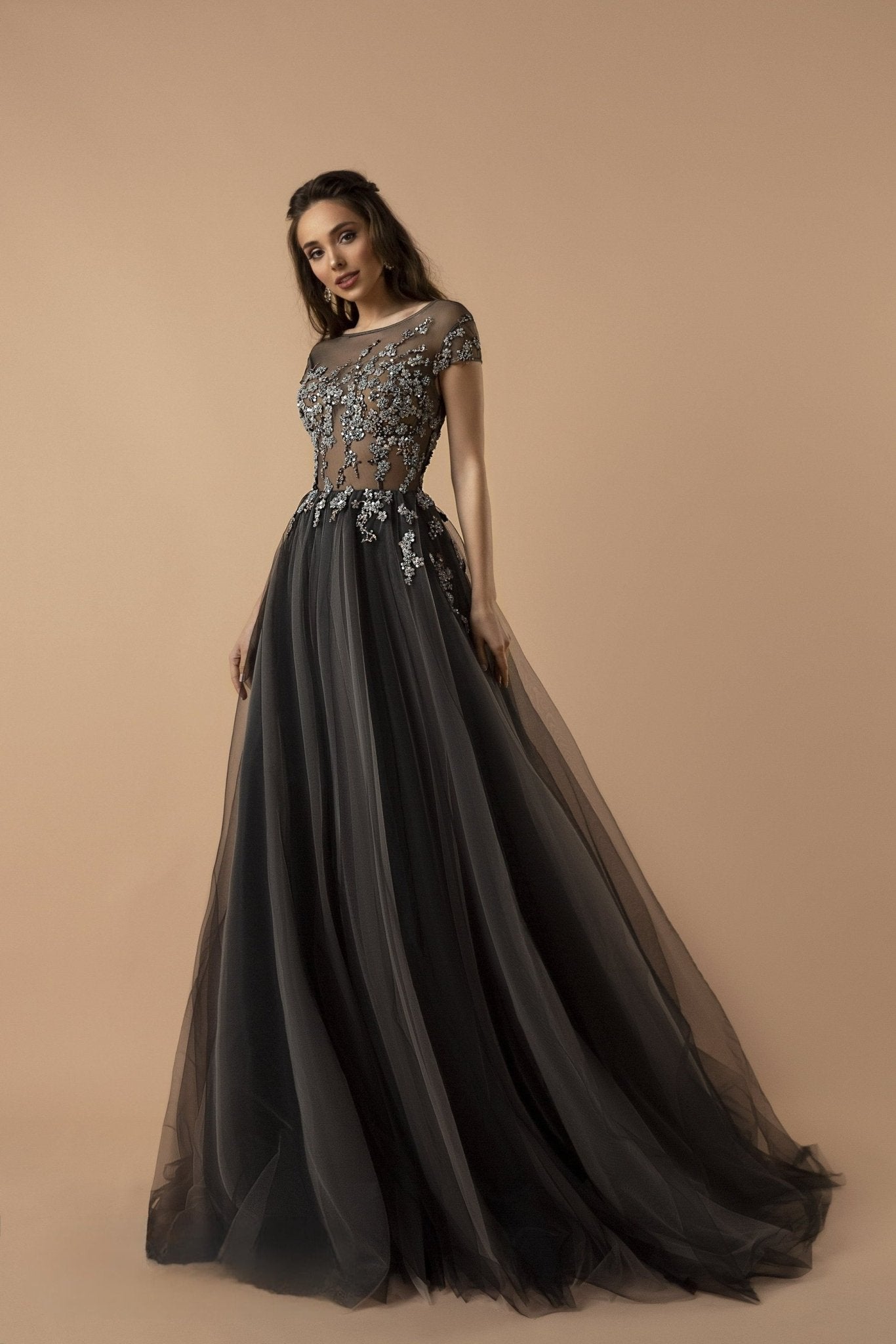 Gothic Black And Silver Charcoal Sequins A-Line Gown -Tulle Beaded Wedding Dress Plus Size - WonderlandByLilian