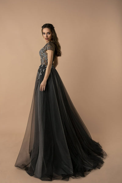 Gothic Black And Silver Charcoal Sequins A-Line Gown -Tulle Beaded Wedding Dress Plus Size - WonderlandByLilian