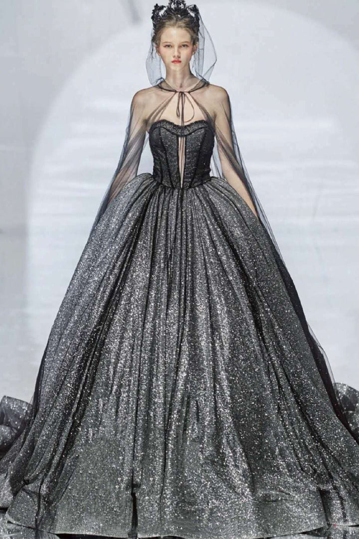 Gothic Black And Silver Off-Shoulder Ball Gown with Sheer Black Overlay and Corse Plus Size - WonderlandByLilian