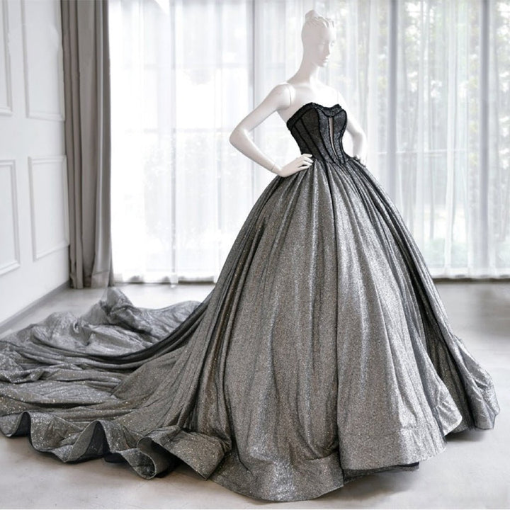 Gothic Black And Silver Off-Shoulder Ball Gown with Sheer Black Overlay and Corse Plus Size - WonderlandByLilian