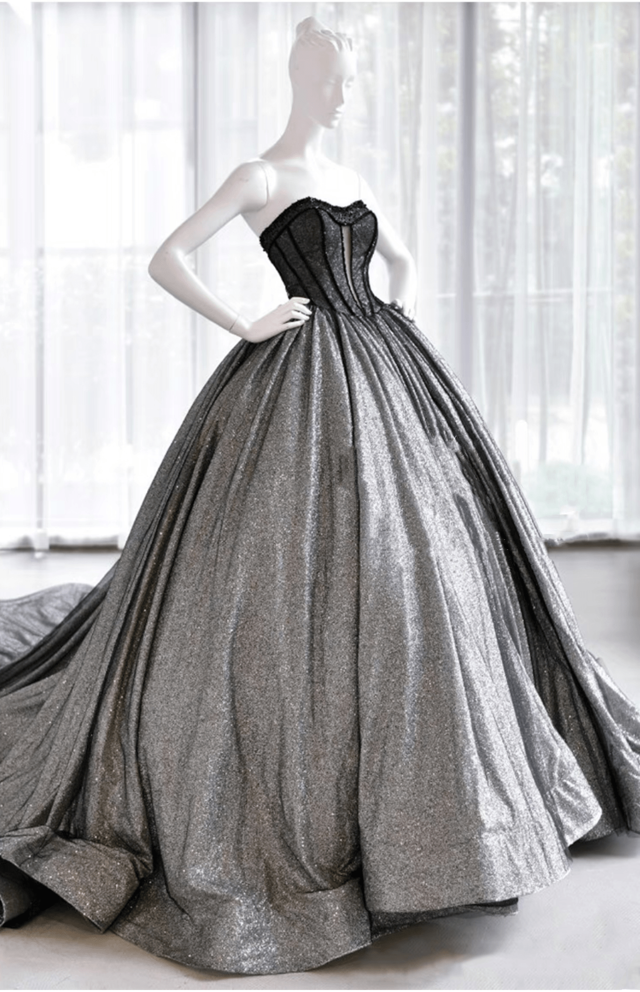 Gothic Black And Silver Off-Shoulder Ball Gown with Sheer Black Overlay and Corse Plus Size - WonderlandByLilian