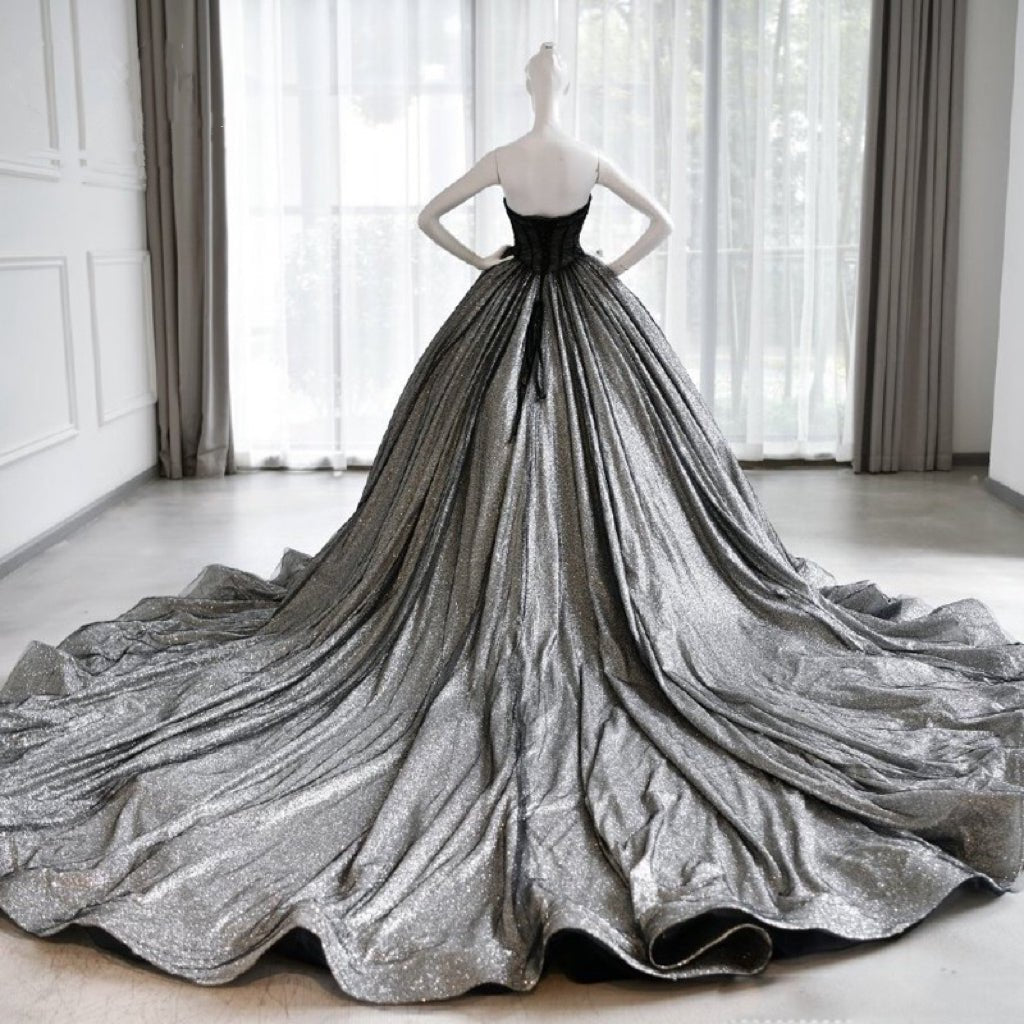 Gothic Black And Silver Off-Shoulder Ball Gown with Sheer Black Overlay and Corse Plus Size - WonderlandByLilian