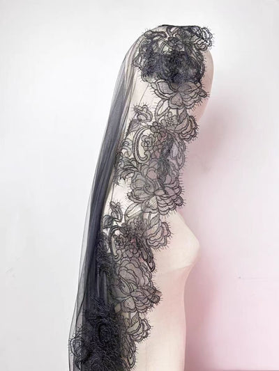 Gothic Black Cathedral Veil with Floral Lace Embroidery - WonderlandByLilian