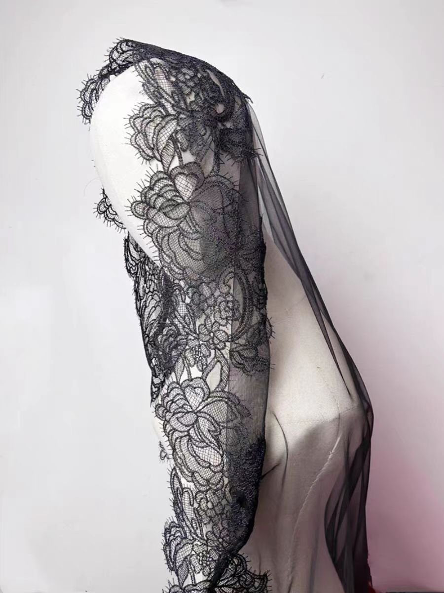 Gothic Black Cathedral Veil with Floral Lace Embroidery - WonderlandByLilian