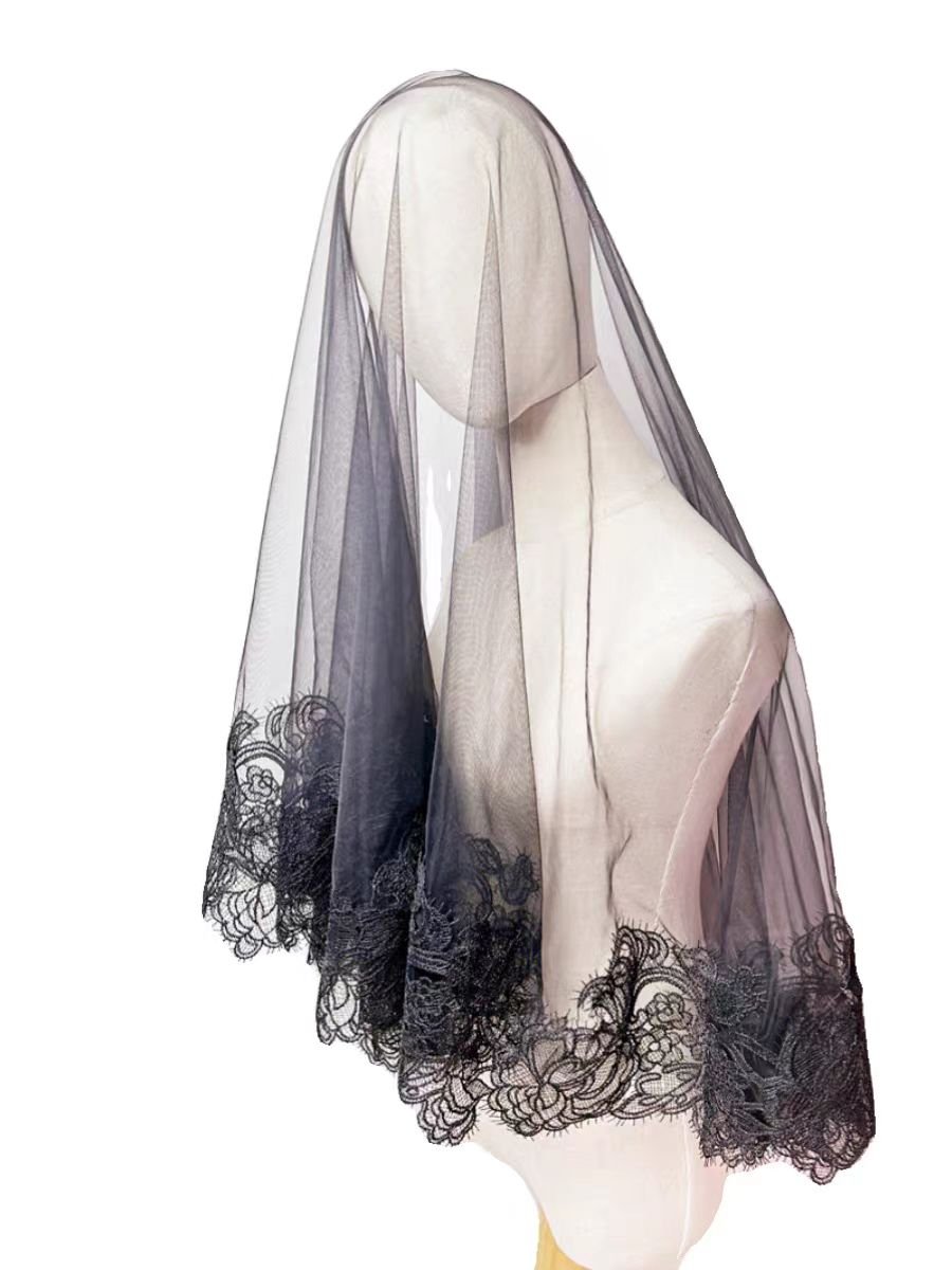 Gothic Black Cathedral Veil with Floral Lace Embroidery - WonderlandByLilian