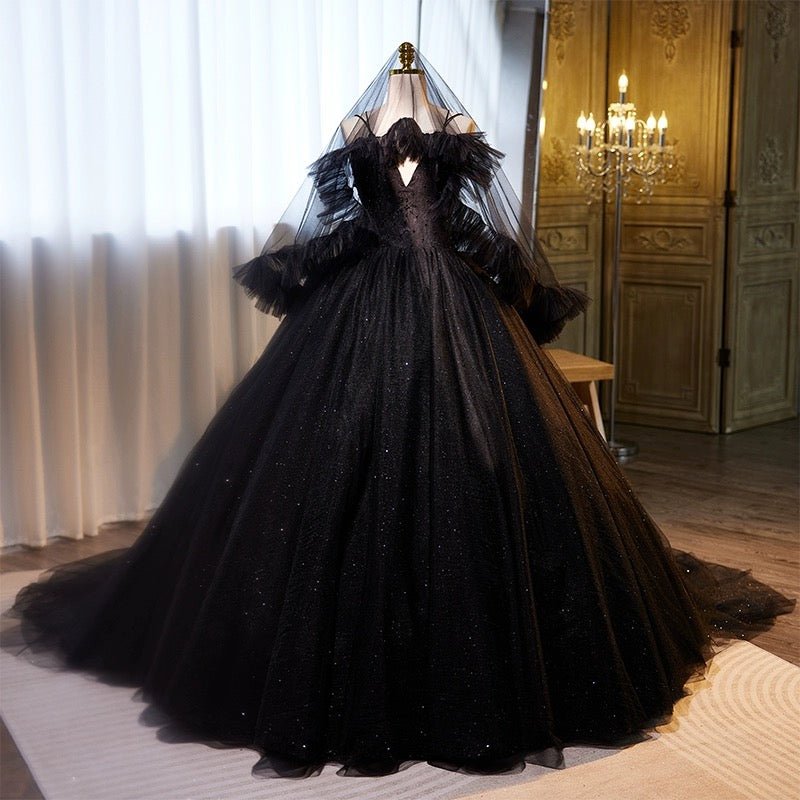 Gothic Black Dress for Wedding Party - Tulle Ball Gown with Beaded Straps and Ruffle Train Plus Size - WonderlandByLilian