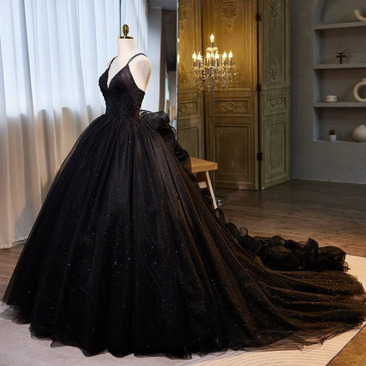 Gothic Black Dress for Wedding Party - Tulle Ball Gown with Beaded Straps and Ruffle Train Plus Size - WonderlandByLilian