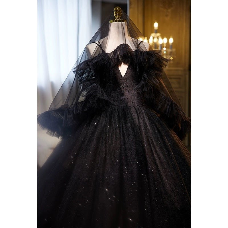 Gothic Black Dress for Wedding Party - Tulle Ball Gown with Beaded Straps and Ruffle Train Plus Size - WonderlandByLilian