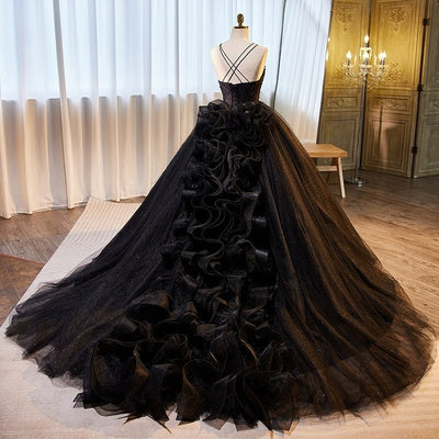 Gothic Black Dress for Wedding Party - Tulle Ball Gown with Beaded Straps and Ruffle Train Plus Size - WonderlandByLilian