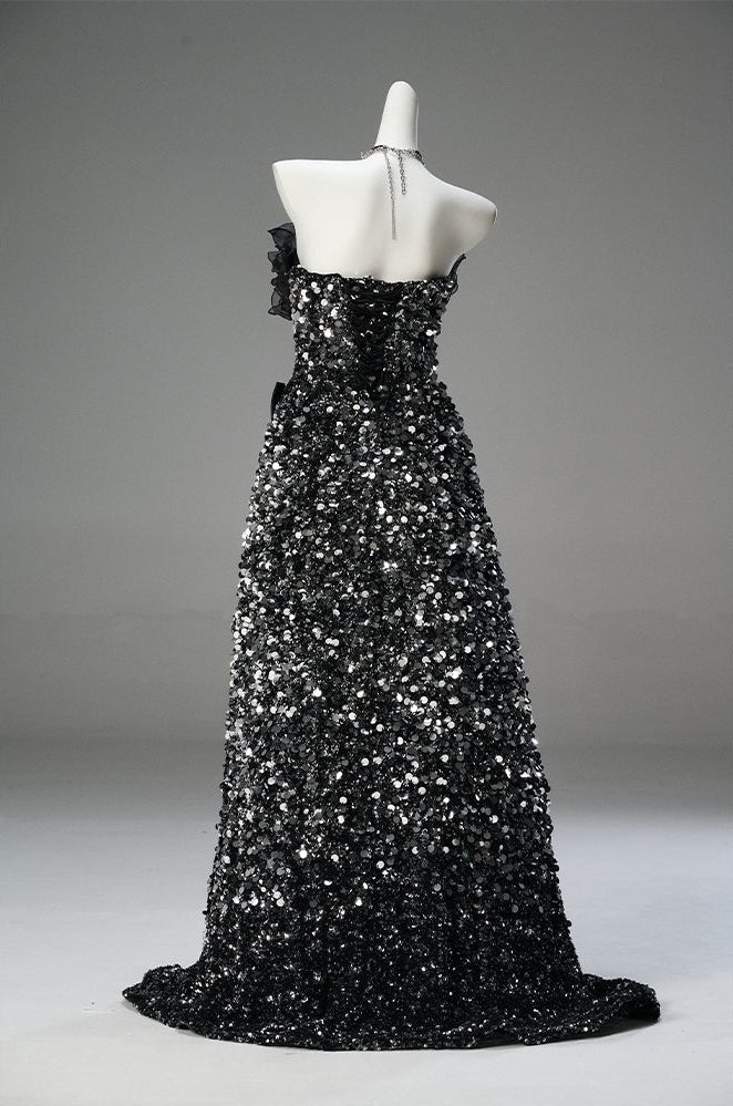 Gothic Black Dsigner Sequin Gown with Ruffled Bodice and Strapless – Black Formal Wear Dresses with Corset Back Plus Size - WonderlandByLilian