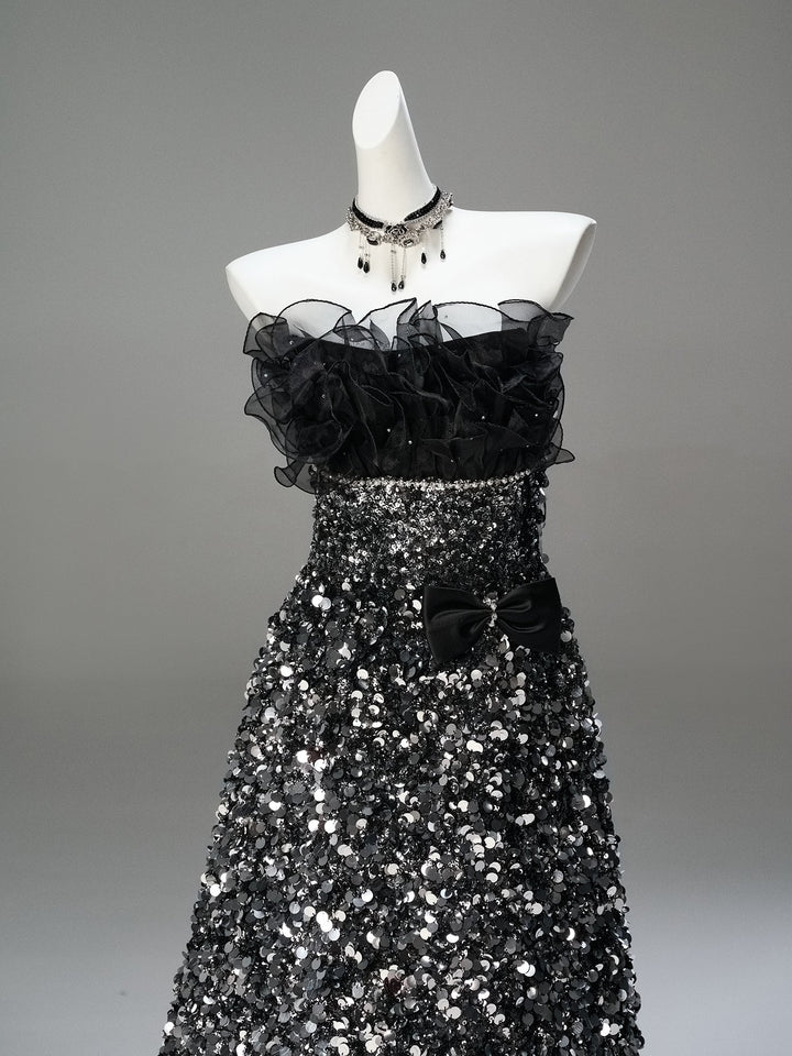 Gothic Black Dsigner Sequin Gown with Ruffled Bodice and Strapless – Black Formal Wear Dresses with Corset Back Plus Size - WonderlandByLilian