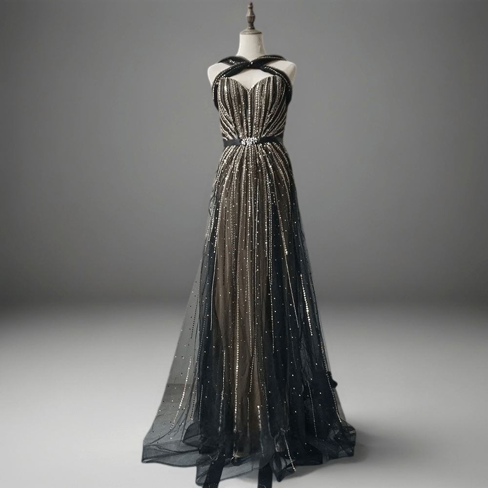 Gothic Black Glitter Sequin Ball Gown with Draped Shoulders - Elegant Black Glitter Dress Long Plus Size - WonderlandByLilian