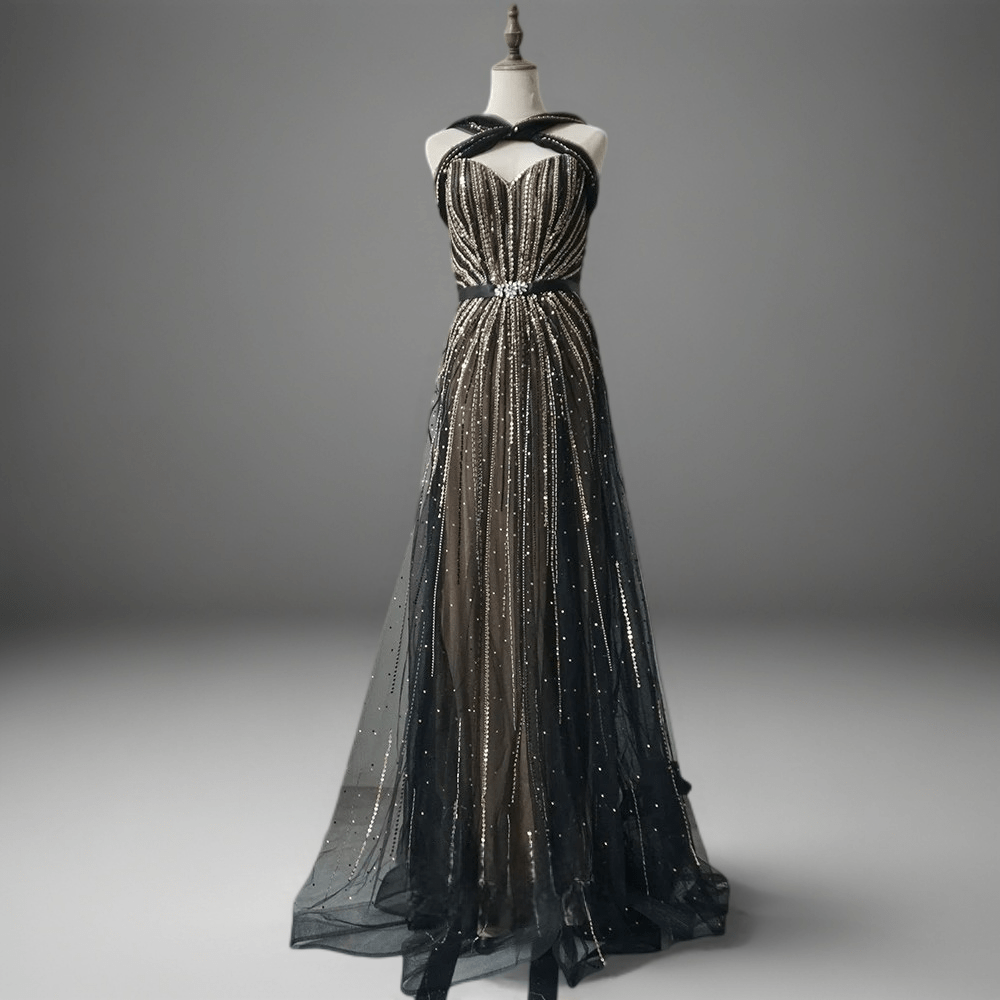 Gothic Black Glitter Sequin Ball Gown with Draped Shoulders