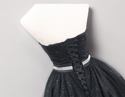 Gothic Black Glitter Tulle Wedding Party Dress - Strapless Corset Back Evening Gown Plus Size - WonderlandByLilian