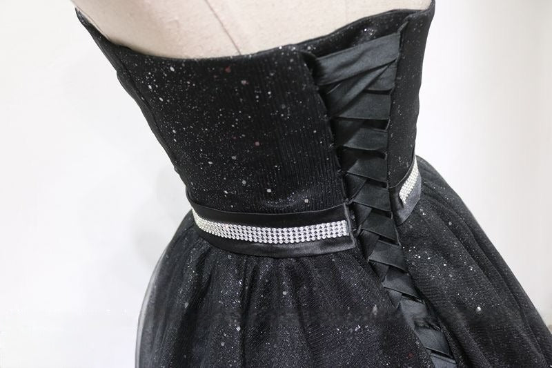 Gothic Black Glitter Tulle Wedding Party Dress - Strapless Corset Back Evening Gown Plus Size - WonderlandByLilian