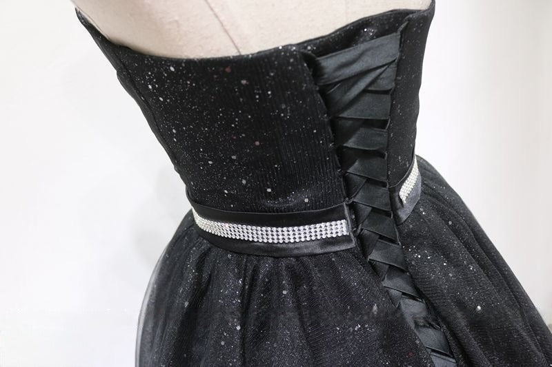 Gothic Black Glitter Tulle Wedding Party Dress - Strapless Corset Back Evening Gown Plus Size Size 14 / Black Gothic Black Glitter Tulle Wedding Party Dress - Strapless Corset Back Evening Gown Plus Size Size 14 / Black