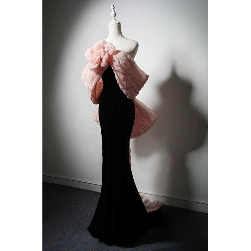 Gothic Black Mermaid Evening Dress with Pink Floral - Elegant Black Evening Gown Plus Size - WonderlandByLilian