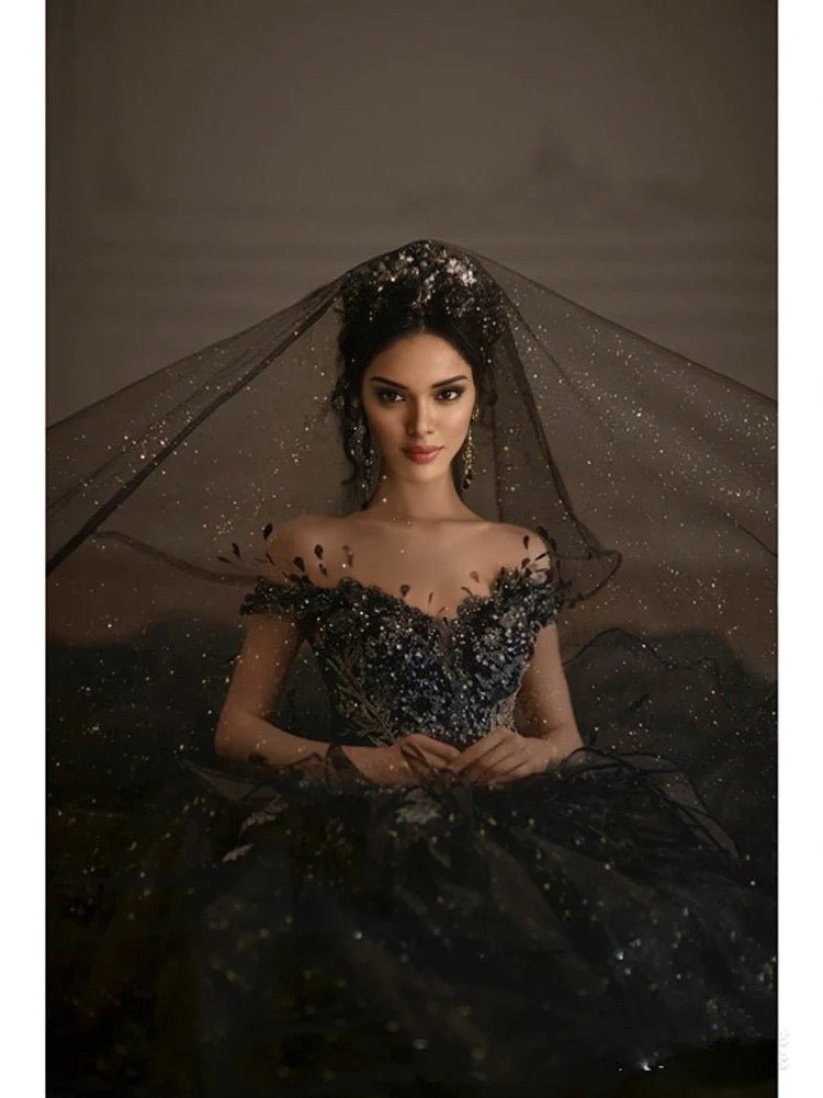Gothic Black Off-Shoulder Wedding Dress with Embellished Tulle Plus Size - WonderlandByLilian