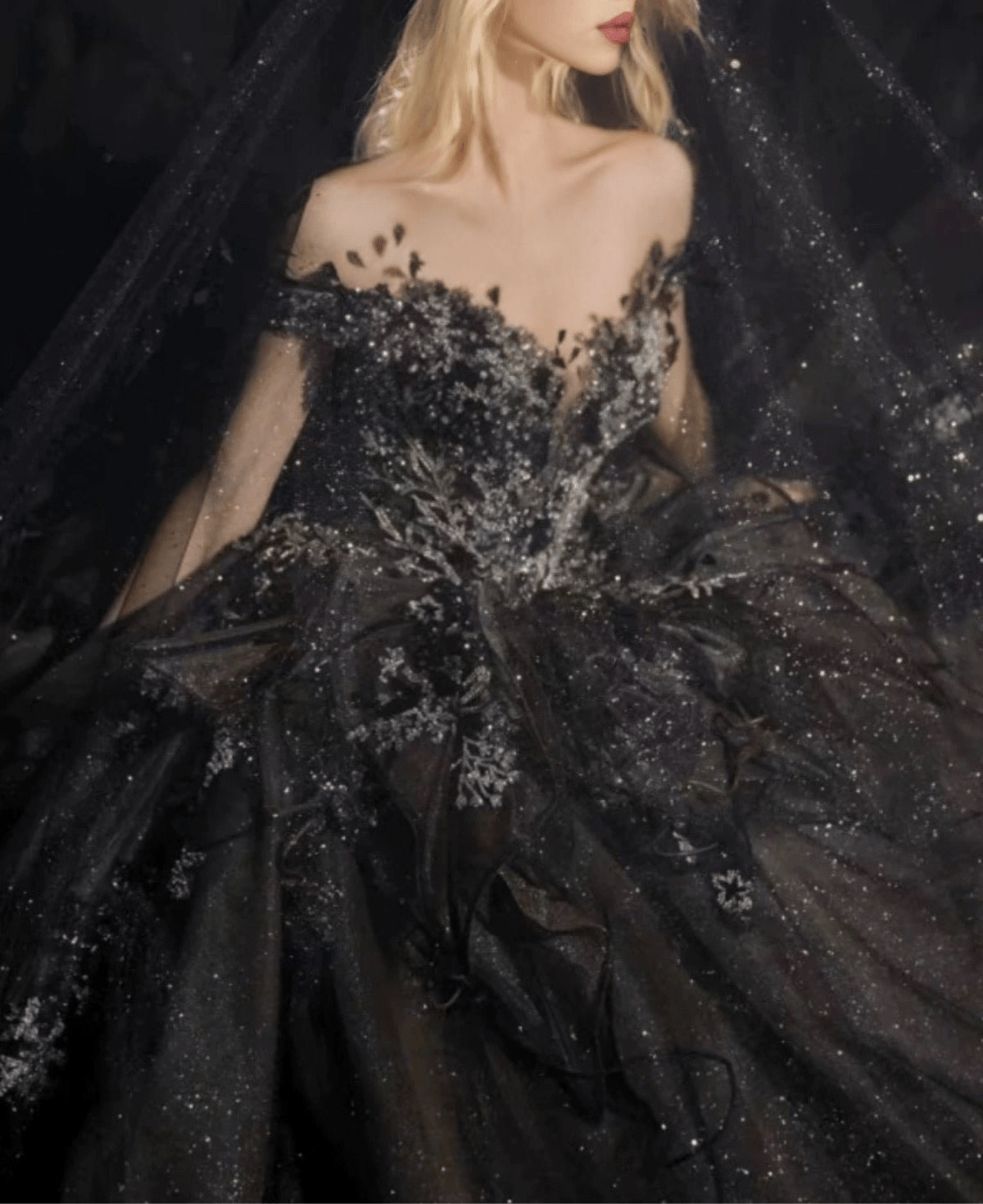 Gothic Black Off - Shoulder Wedding Dress with Embellished Tulle Plus Size - WonderlandByLilian