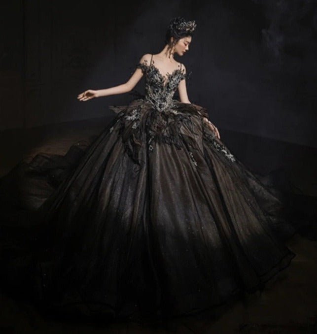 Gothic Black Off-Shoulder Wedding Dress with Embellished Tulle Plus Size - WonderlandByLilian