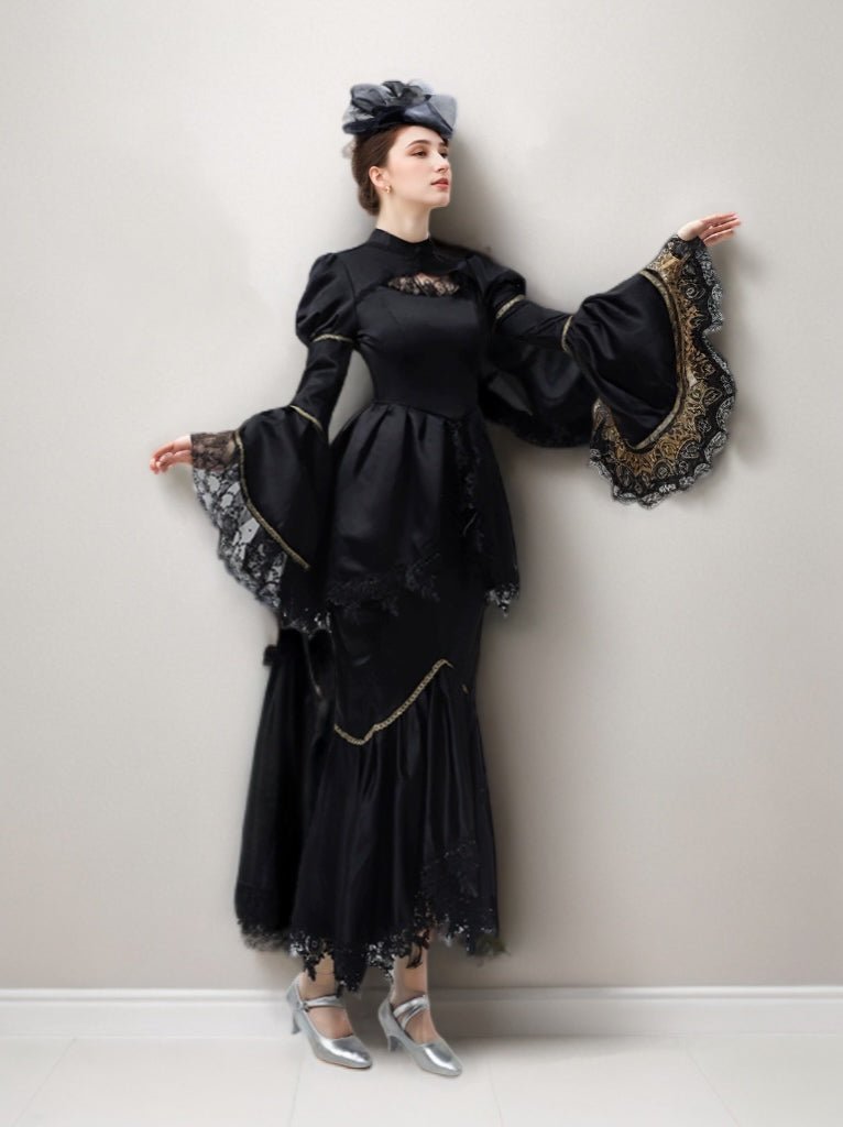 Gothic Black Rococo Style Dress – Dramatic Bell Sleeves and Mermaid Hem Plus Size - WonderlandByLilian